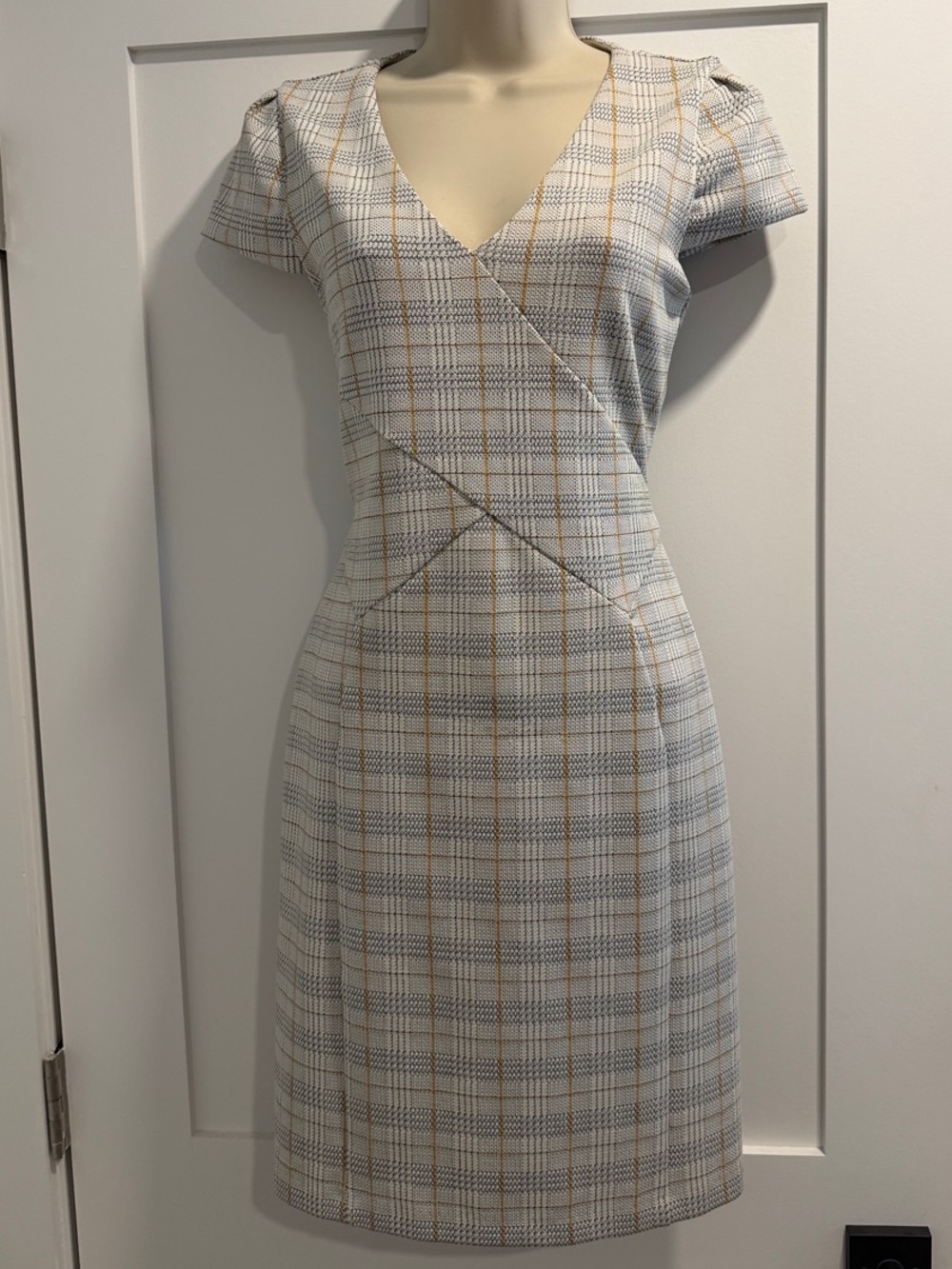Express Ivory Plaid V-Neck Sheath Dress with Tan Accents